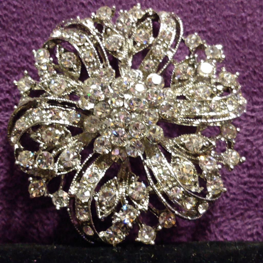 Large Silver Tone Crystal Brooch